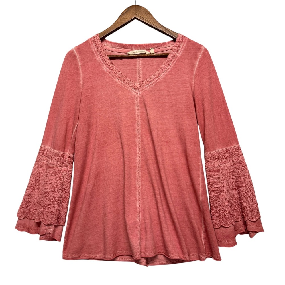 Soft Surroundings Tunic Top Women XS Coral Boho Bell Sleeve Lace V-Neck Feminine